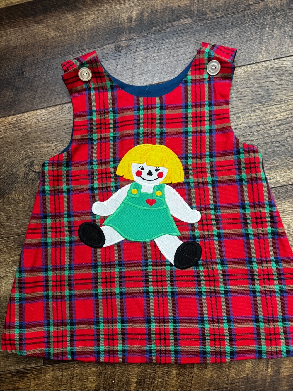 Kelly’s Kids Red ragdoll Plaid Applique Pinafore Dress